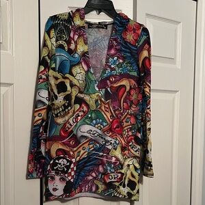 Ed Hardy Multicolor Graphic V-Neck Top